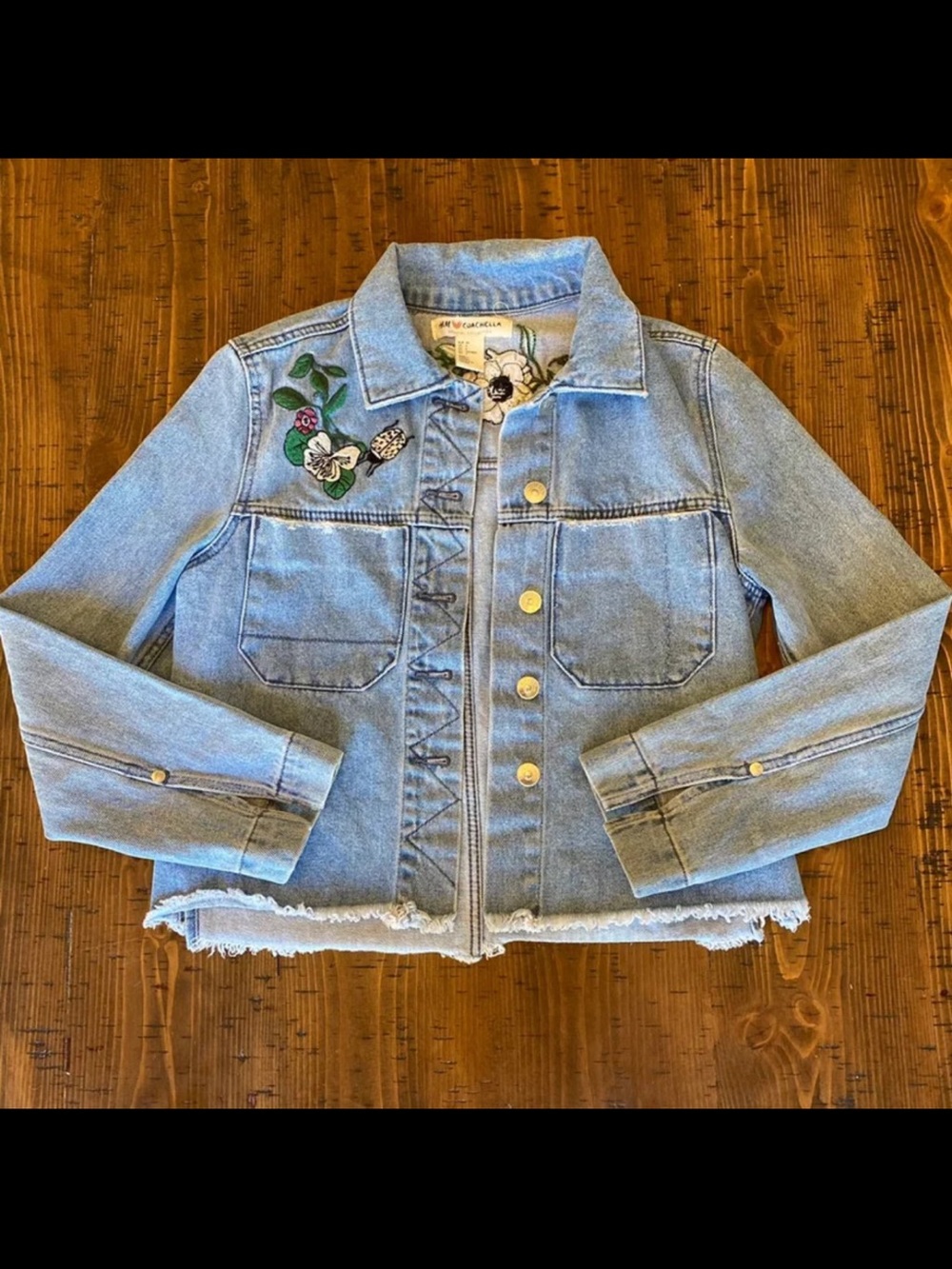 H&M Coachella floral boho embroidered Jean jacket distressed sz4/small EUC - Picture 1 of 14